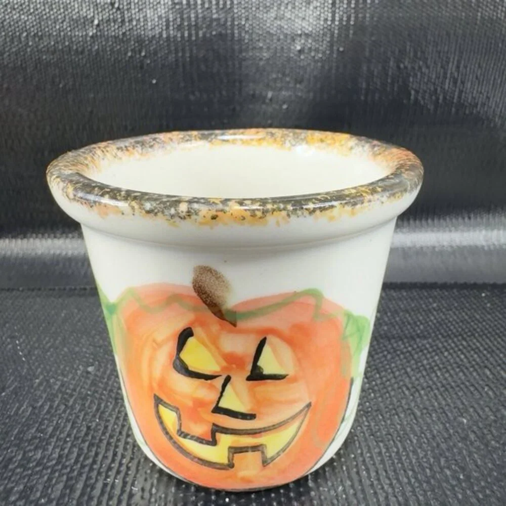 2002 Emerson Creek Pottery Pumpkin‎ Tea Light Candle Votive Holder Cup Vintage